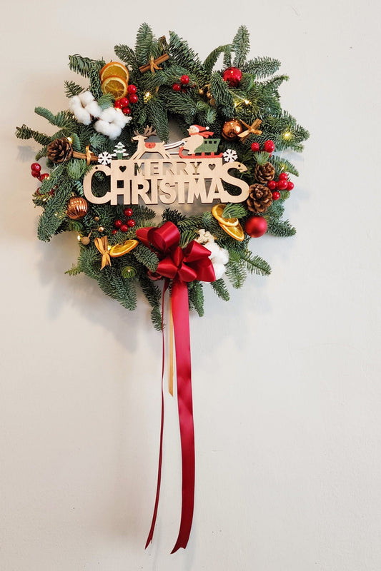 Christmas Wreath Festive Red with Wooden Signage