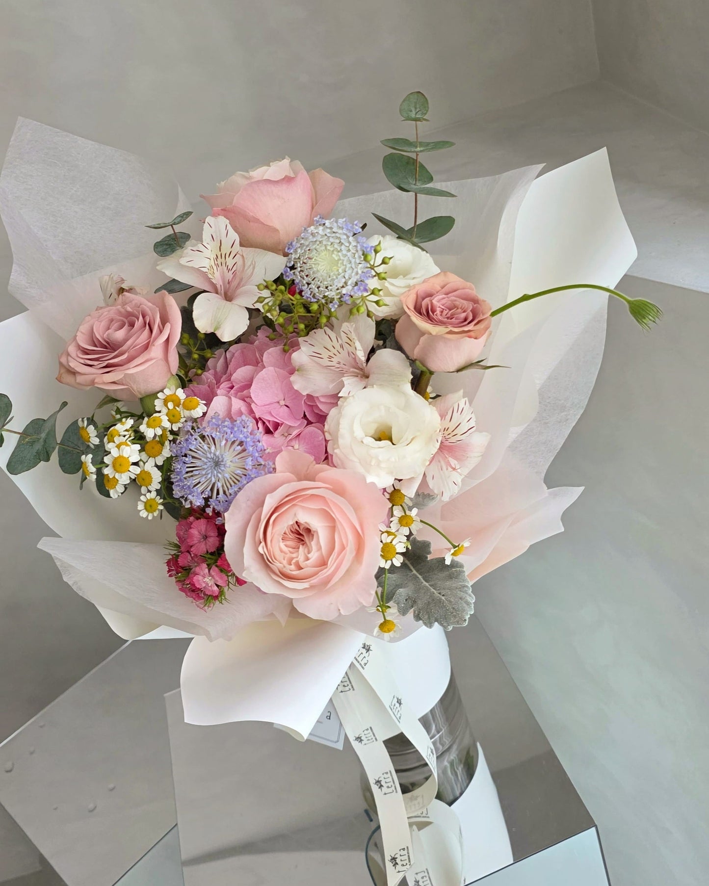 Close-up of hydrangea and garden roses in a romantic pastel bouquet