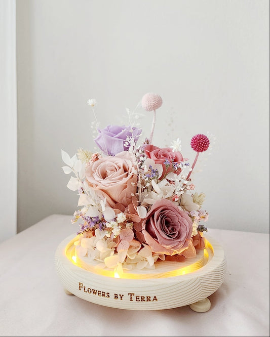 Pastel preserved flower dome with roses arrangement by Flowers by Terra
