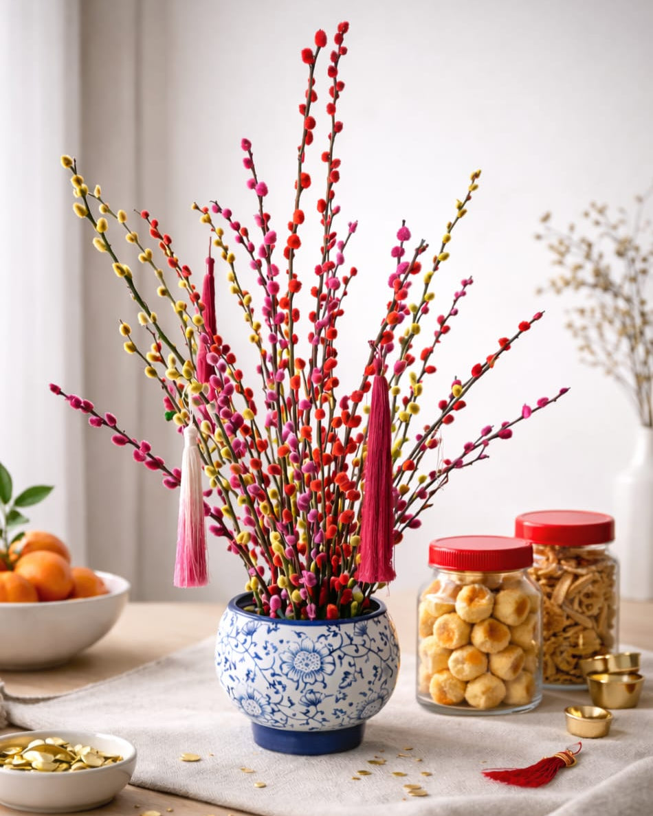 Prosperity willow arrangement in blue and white porcelain pot for Chinese New Year