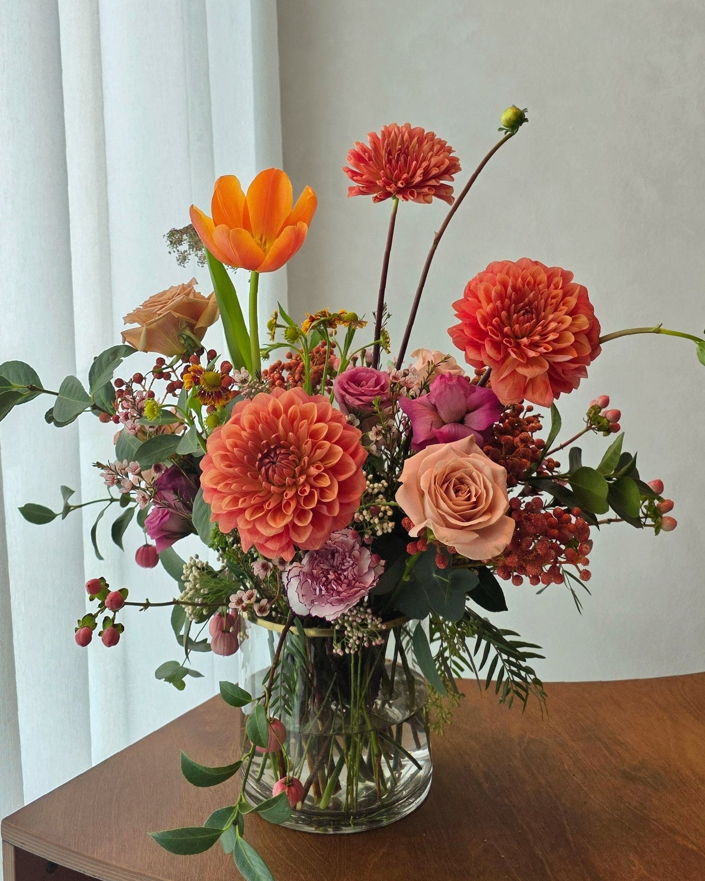 Lifestyle setting of Terra’s Choice warm earthy floral arrangement in a glass vase, designed for modern interiors.