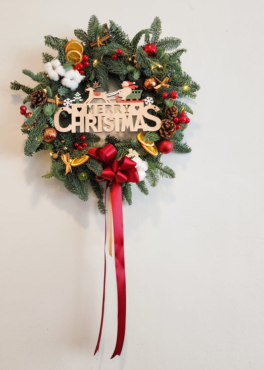 Christmas Wreath Festive Red with Wooden Signage
