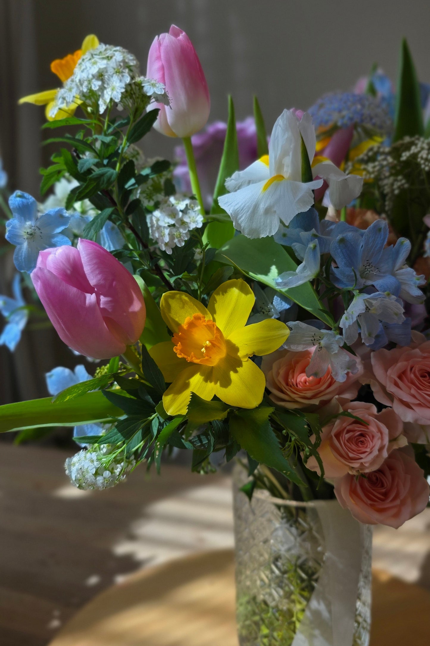 Mother's Day Spring Jar Arrangement Workshop - Close up of tulips, daffodils and delphiniums