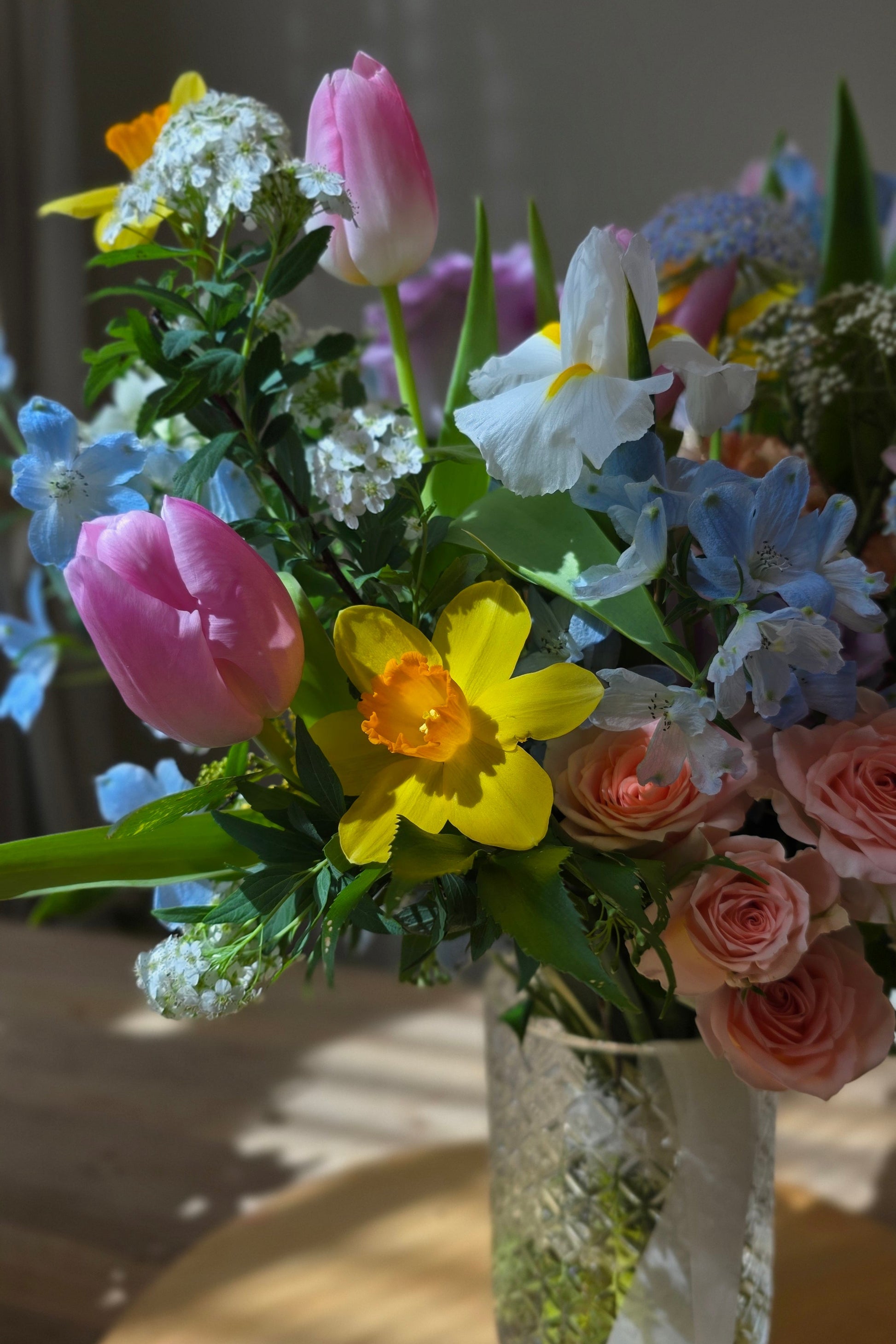 Mother's Day Spring Jar Arrangement Workshop - Close up of tulips, daffodils and delphiniums