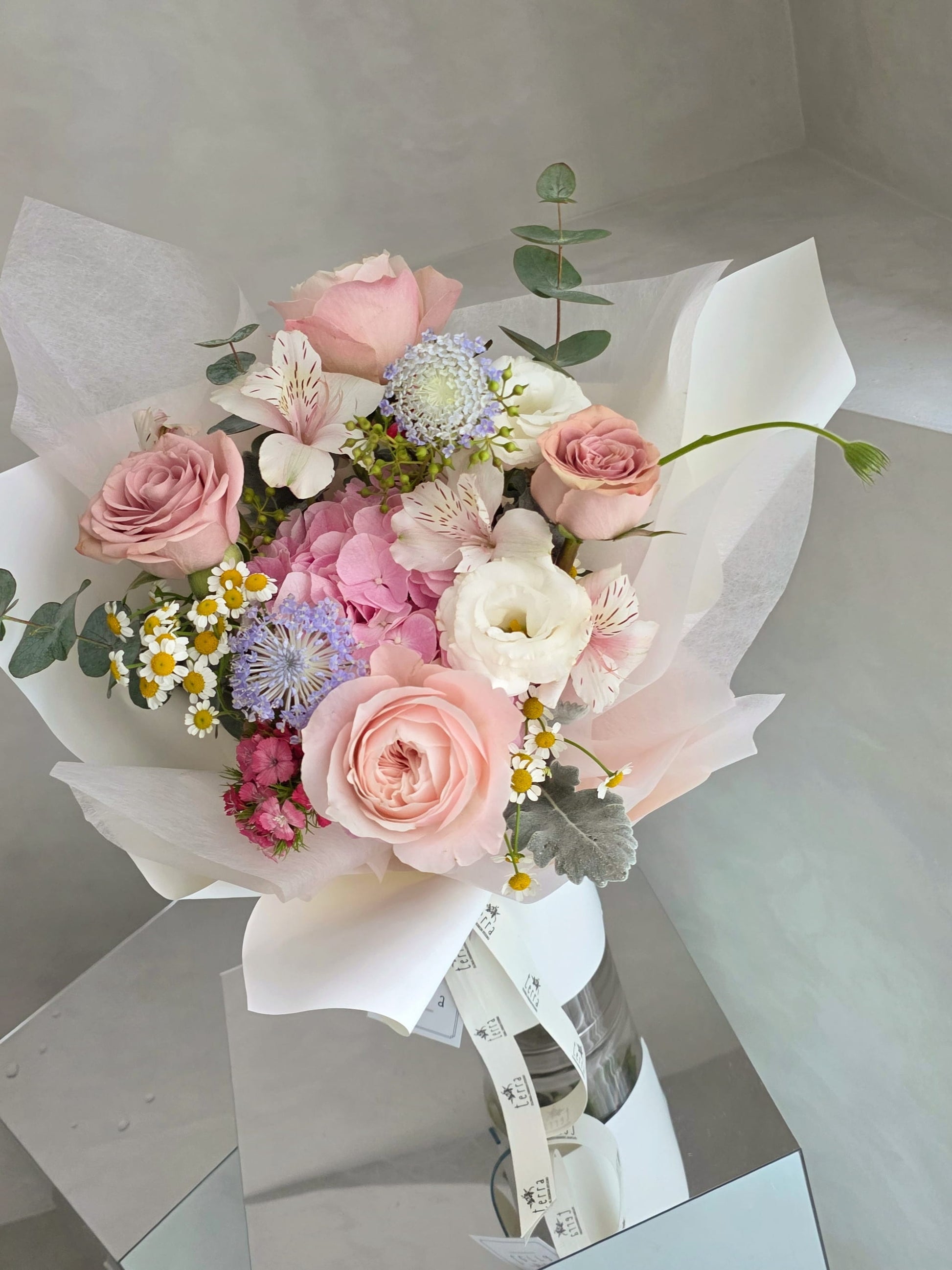 Close-up of hydrangea and garden roses in a romantic pastel bouquet