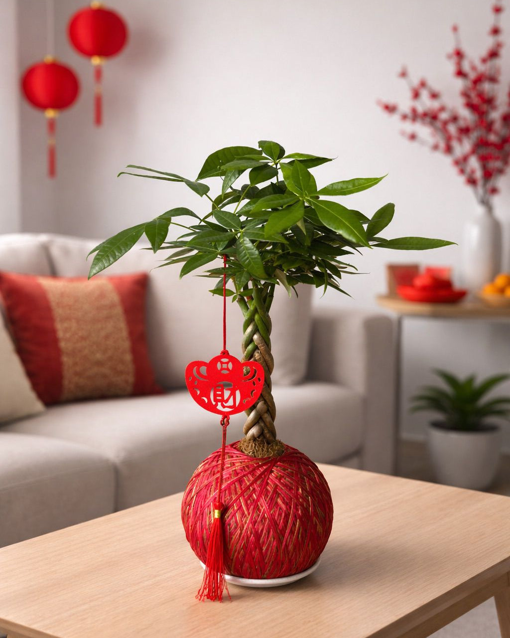 Braided Pachira Aquatica kokedama in red and gold for Chinese New Year gifting