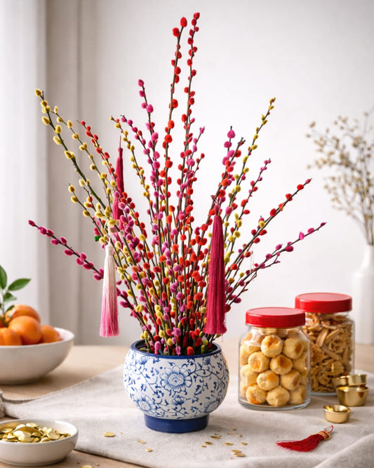 Prosperity willow arrangement in blue and white porcelain pot for Chinese New Year