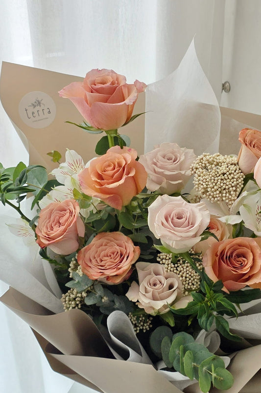 Flowers by Terra Antique Rose Bouquet detail — Cappuccino Kenya roses, Catherine Blush garden roses and RP Moab roses in signature neutral Korean wrap, Singapore