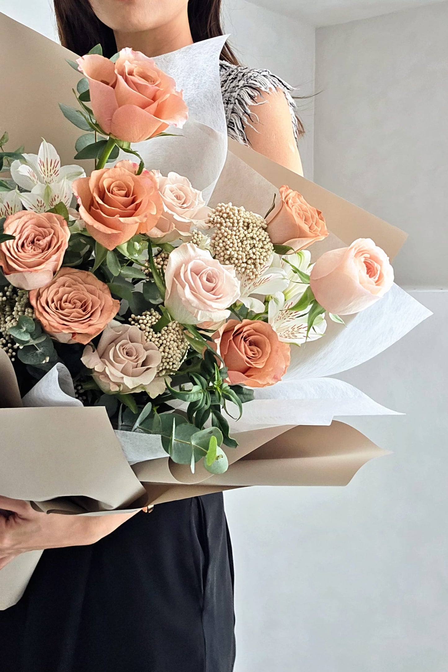 Antique Rose Bouquet held as gift — Flowers by Terra Singapore Korean style flower bouquet, birthday and anniversary gift idea