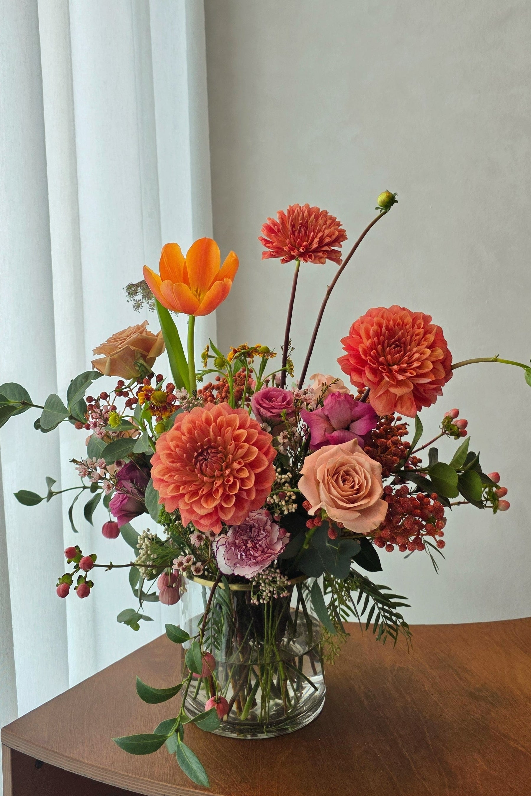 Lifestyle setting of Terra’s Choice warm earthy floral arrangement in a glass vase, designed for modern interiors.