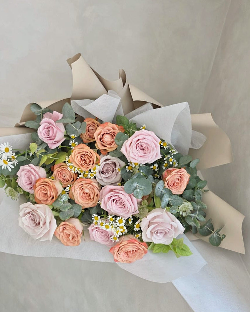 Hand-tied blush rose bouquet with chamomile accents, same day flower delivery Singapore gift