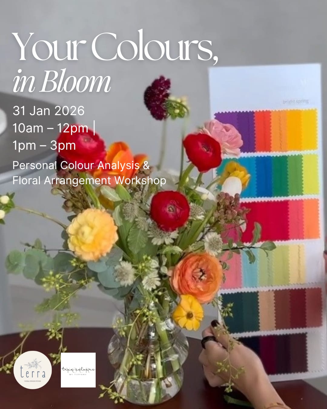 Personal colour analysis and floral arrangement workshop in Singapore, featuring a warm spring colour palette and seasonal flowers