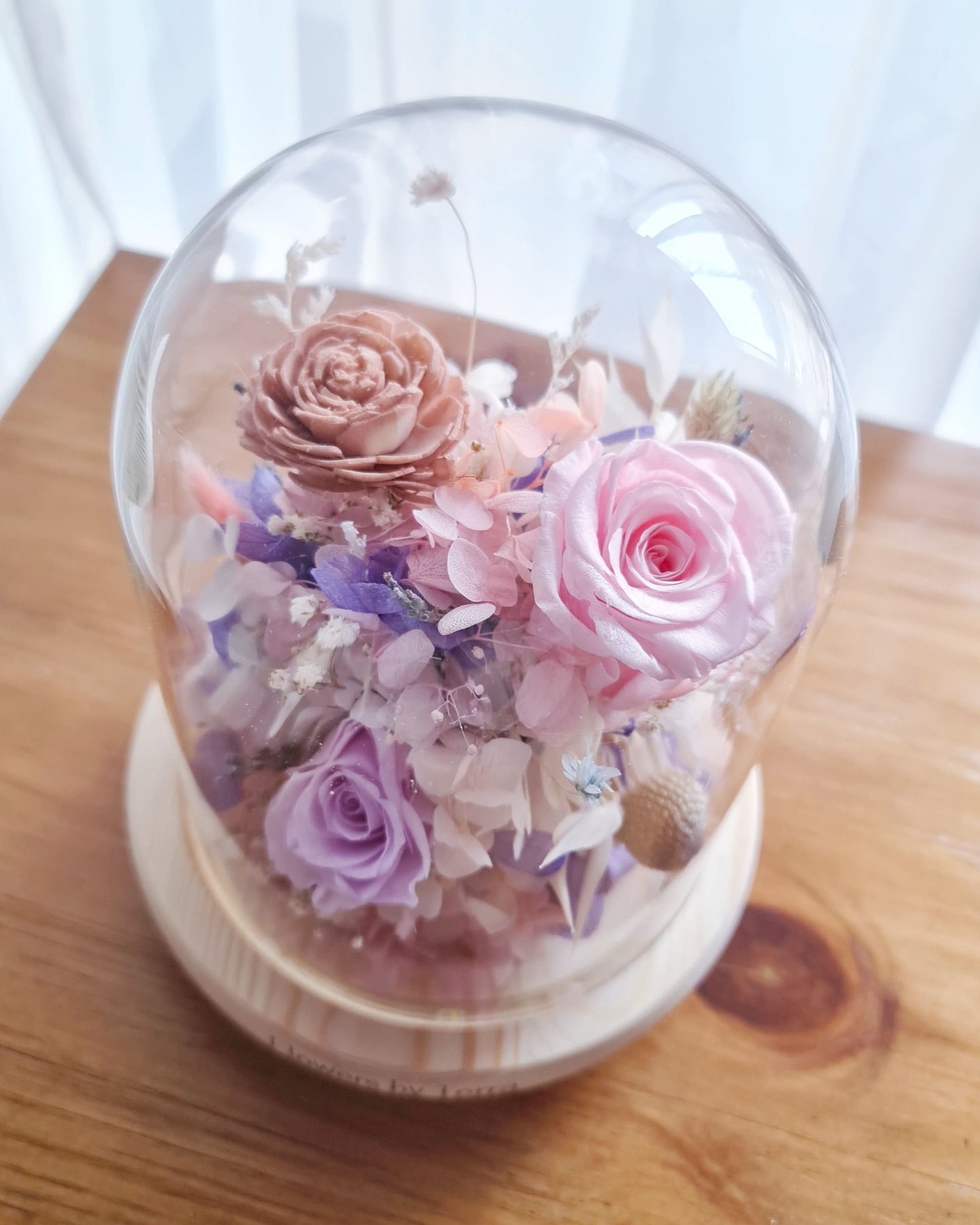 enchanté Premium preserved flower dome — fuller rounded arrangement with 6 preserved roses and dried botanicals under glass, Flowers by Terra Singapore